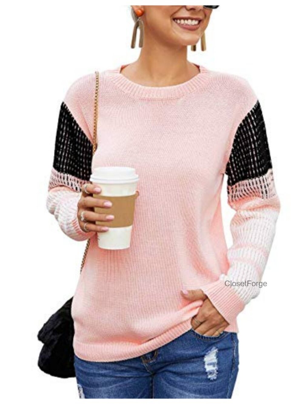 Women's Contrast Sleeve Knitted Pullover Crewneck Sweater